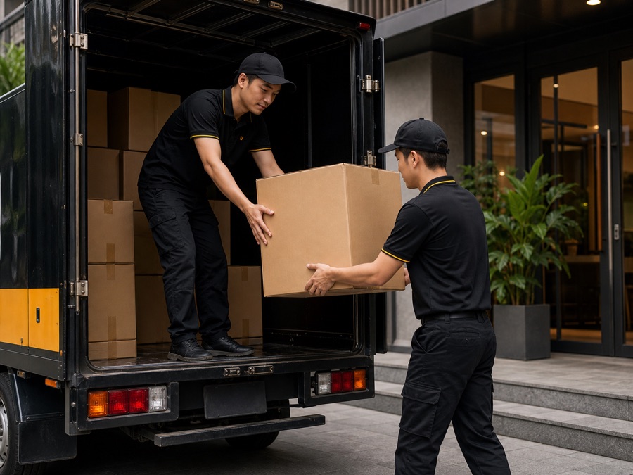 Nhân viên Beevo vận chuyển sofa lên xe tải