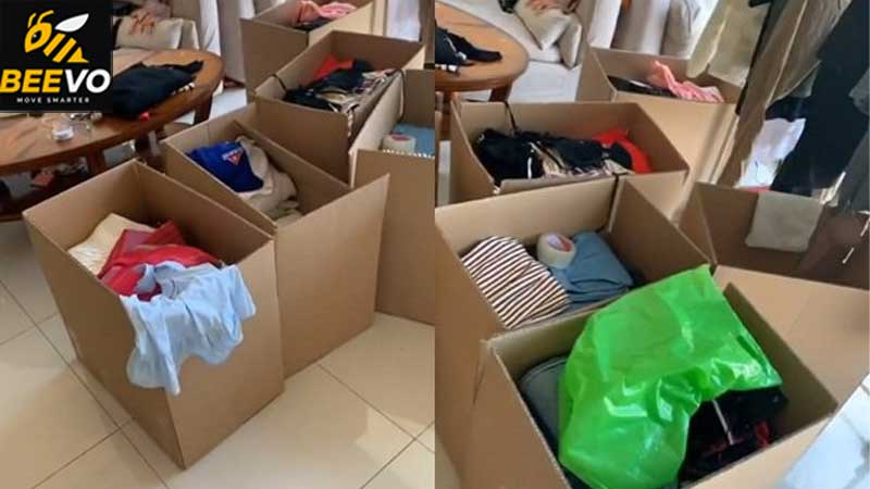 Đóng gói quần áo, chăn mền và đồ dùng cá nhân.